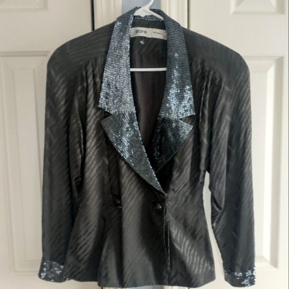 D'ore Silk Vintage Grey Animal Print Abstract Sequins Collar Blazer 6 - Picture 2 of 13